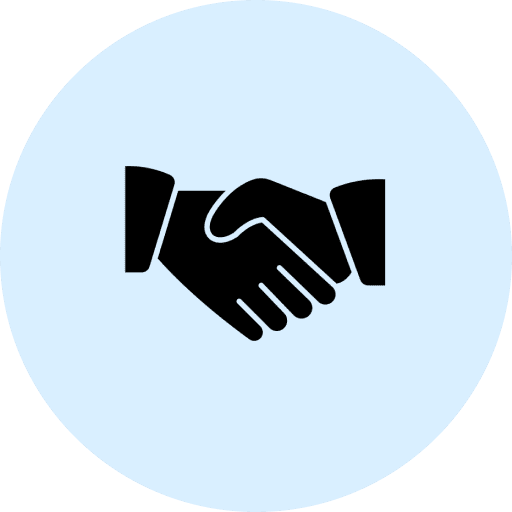 Handshake symbol on light blue background.
