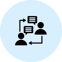 Dialogue symbol in a blue circle.
